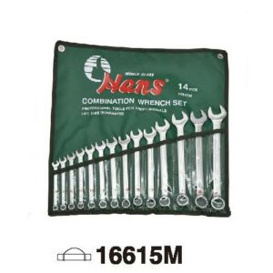 16615M 14 pcs Metric combination wrench set with slim satin grip and mirror heads. Inch sizes, die-stamped, organized in roll pouch bag.