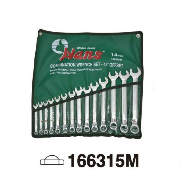 15-Piece Metric Wrench Roll Pouch Set – 45° Offset Combination Wrenches – 166315M