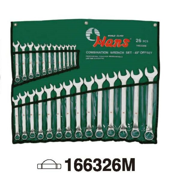 26-Piece Master Metric Wrench Roll Pouch Set – 45° Offset Combination Wrenches – 166326M
