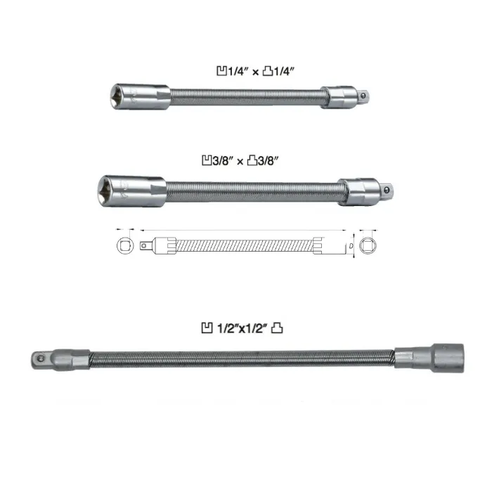 4801F Flexible Extension Bar is a 1/2" drive extension designed to reach fasteners that are hidden behind obstacles or at awkward angles. The flexible shaft lets you work around corners while keeping the socket engaged on the fastener, making it ideal for tight engine bays and confined service areas. ________________________________________ Feature • 1/2" drive flexible extension bar for access in tight or obstructed spaces • Female 1/2" × male 1/2" drive ends – fits standard 1/2" ratchets and sockets • Length: 200 mm (8") for extra reach without losing control • Helps reach fasteners around engine components, frames and brackets • Flexible shaft allows a more natural working angle and reduces strain on the wrist • Suitable for general automotive, machinery and maintenance work