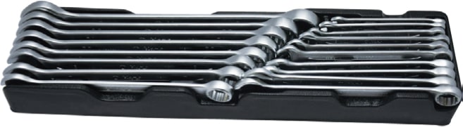 18-piece metric combination wrench set from the 1161M series. Chrome vanadium steel, stored in a plastic tray for organized workshop use.