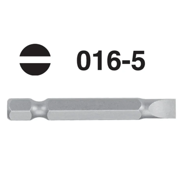Slotted screwdriver bit, 1/4" hex shank, 50mm long. Sizes W3×0.5 to W7×1.2mm. S2 steel for strength. Ideal for electric drivers and hand tools.