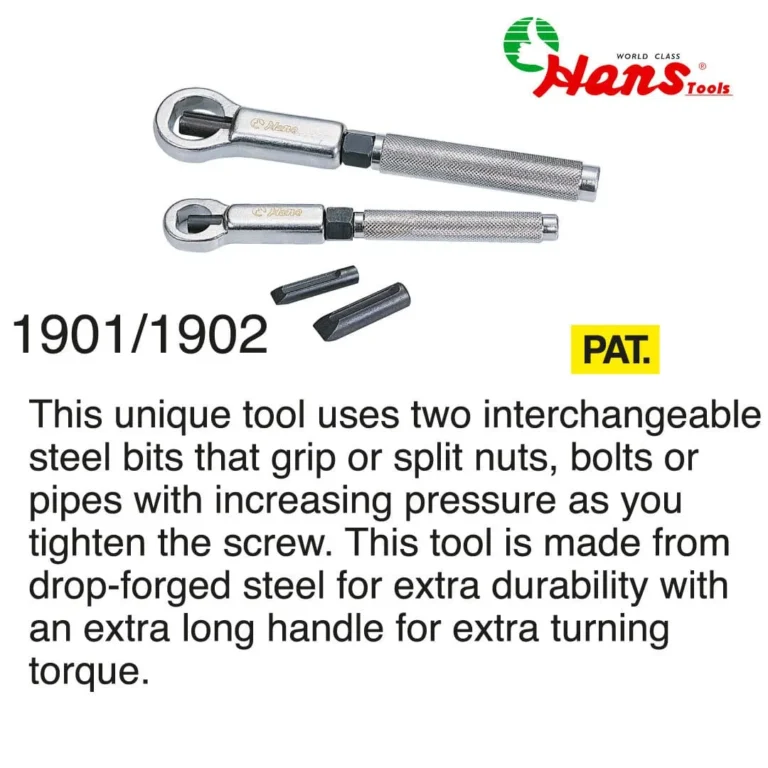 Two-Bit Dual-Function Nut Grabber – Model 1901 / 1902 4 1901 / 1902 is a patented dual-function nut grabber and splitter equipped with two interchangeable hardened steel bits. Designed for both gripping and splitting applications, it provides increasing torque as you tighten the screw—making it ideal for rusted, damaged, or seized nuts, bolts, and pipes. Crafted from drop-forged steel for superior strength and longevity, the tool features an extra-long knurled handle for added grip and turning force. Whether you're a mechanic, technician, or repair specialist, this is a must-have solution for tough disassembly jobs. ________________________________________ Product Features • 🔩 Dual Function: Grips or splits nuts, bolts, and small pipe fittings • 🔁 Interchangeable Bits: Two steel bits for different applications • 🛠️ Drop-Forged Steel: Ensures heavy-duty performance and long service life • 🔧 Knurled Handle: For enhanced grip during high-torque operations • 📏 Extended Handle: Provides added leverage for hard-to-turn components • 🛡️ Patented Design: Unique mechanism ensures controlled pressure and safety