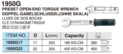 1950G Preset Open-End Torque Wrench (Without Scale) 1 1950G Preset Open-End Torque Wrench